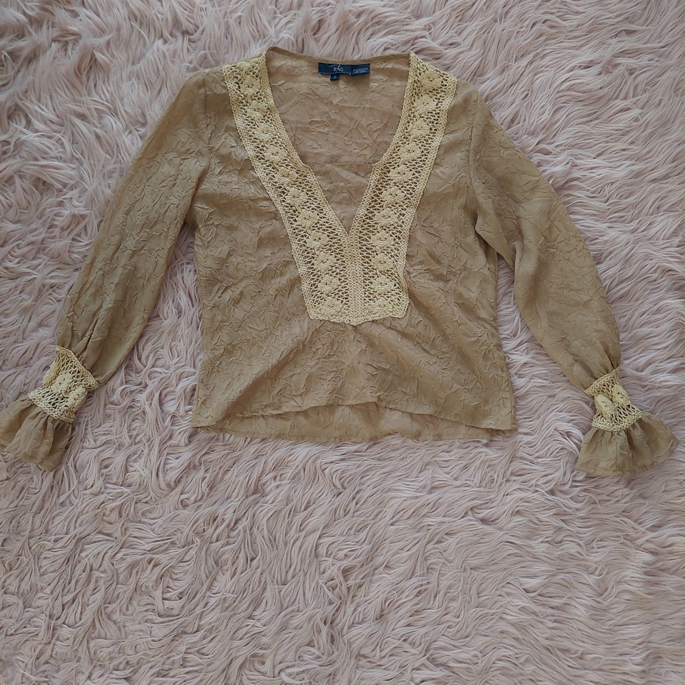 👕2☆ for $12: Elegant Tan Lace Trim Blouse